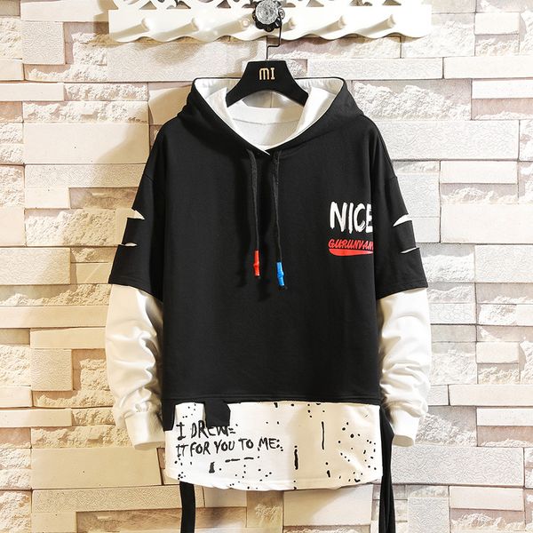

japan style casual o-neck spring autumn print hoodie sweatshirt men's thick fleece hip hop high streetwear clothes kg-962, Black
