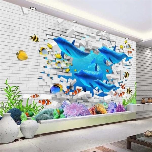 

wallpapers custom size 3d po wallpaper mural livingroom kids brick wall marine dolphin picture sofa tv backdrop for