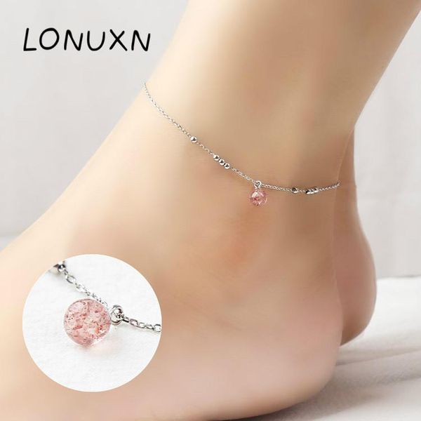 

natural strawberry crystal real 925 sterling silver anklets for women fine jewelry star charms adjustablesale, Red;blue