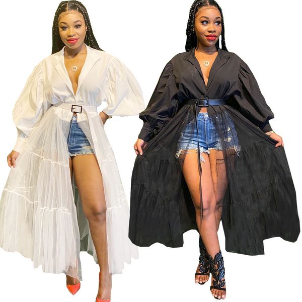 

not including belt women casual long sleeve button down with mesh sheer flowy ruffle design long maxi dress party club, Black;gray