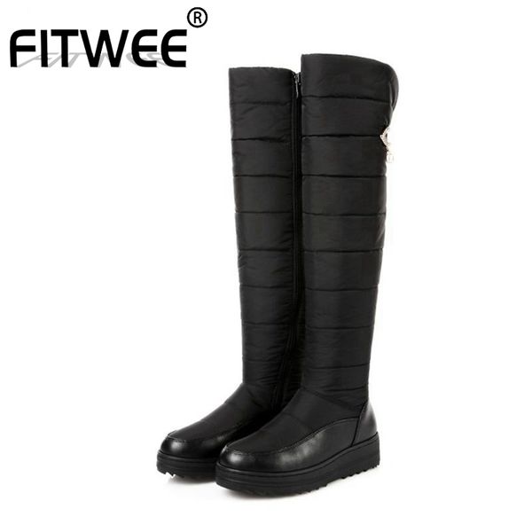

fitwee plus size 35-44 women over the knee snow boots warm plush fur winter cotton shoes women thigh high zipper flats boots, Black