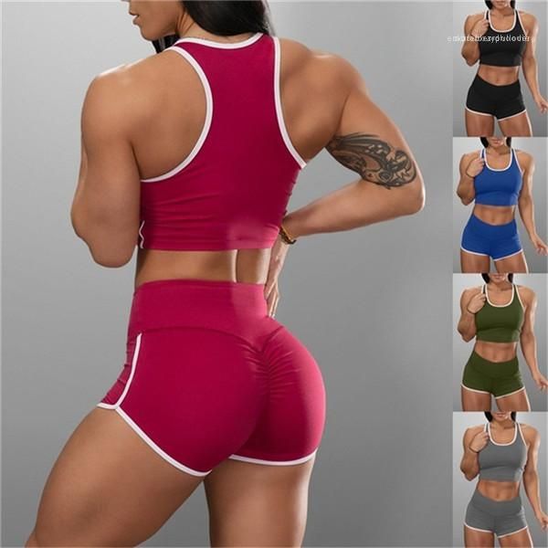 

color crop tanks high waist shorts sets women fitness suits 5 color sports two piece shorts solid, Gray