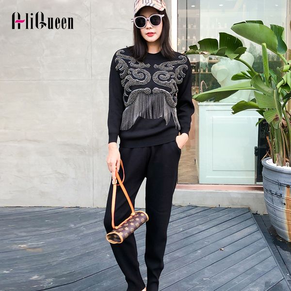 

two piece set 2020 fashion autumn winter women beaded harajuku suits casual style soft women knitwear tracksuit, Gray