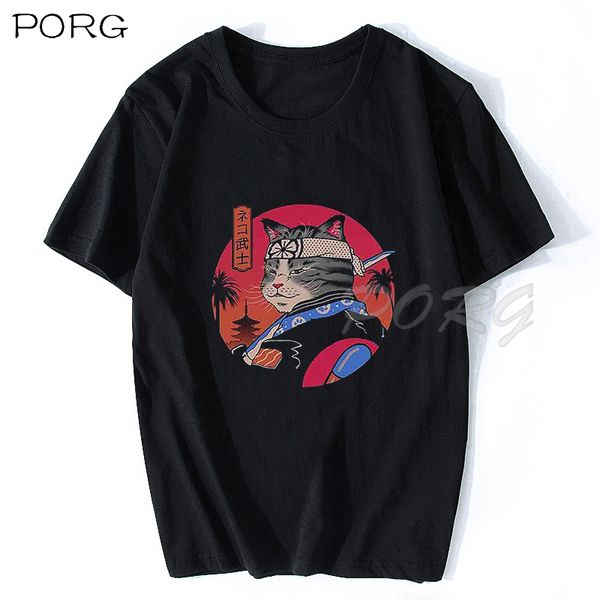 

samurai cat kawaii japanese cotton men's t-shirt cool anime shirt cartoon t-shirt aesthetic harajuku streetwear camisetas hombre
