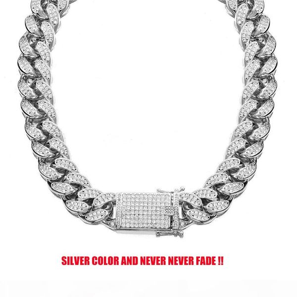 

18mm never fade stainless steel rhinestones cuban link chain necklace men hip hop bling iced out cz necklaces jewelry, Silver