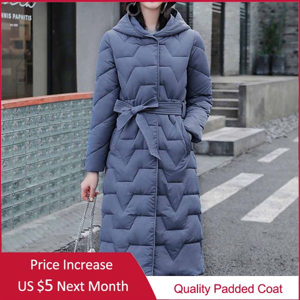 

women's down & parkas 2021 winter women jacket long hooded cotton padded female coat belt warm outwear womens parka manteau fem, Black
