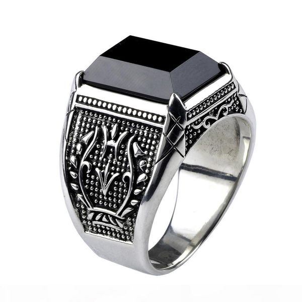 

vintage ring men real pure 925 sterling silver jewelry black obsidian natural stone rings for mens punk rock fashion j190625