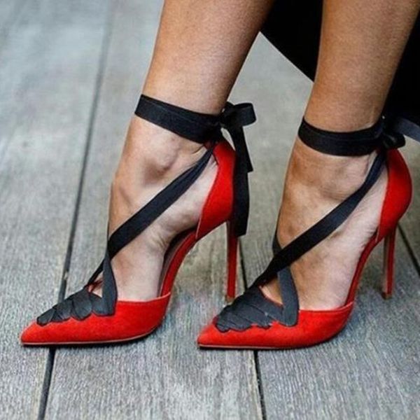

thin heel ankle strap women sandals cross-tied butterfly-knot riband woman red high heels runway show pointed toe female shoes, Black