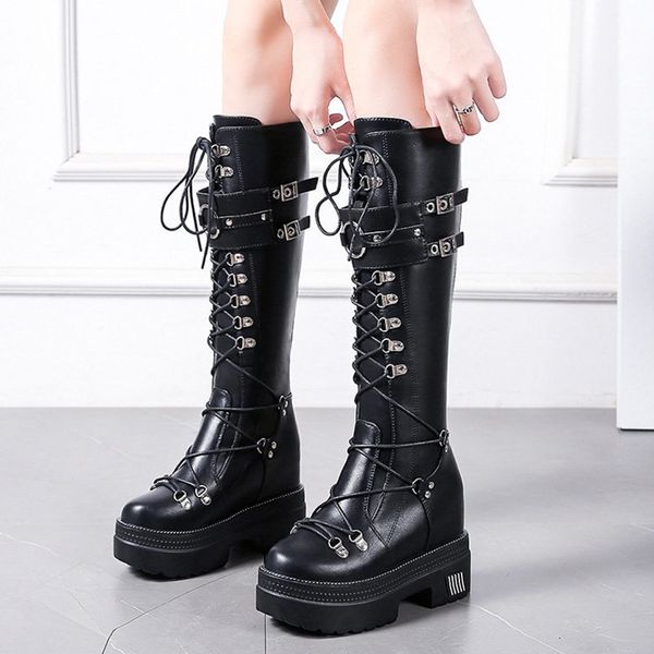 

boots punk chunky pu leather motorcycle female height incrasing platform long botas drop winter women knee high, Black