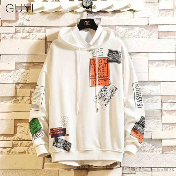 

guyi letter printed hooded men pullover hoodies sweatshirts male harajuku hip hop hipster streetwear white hoodie off 20190262, Black
