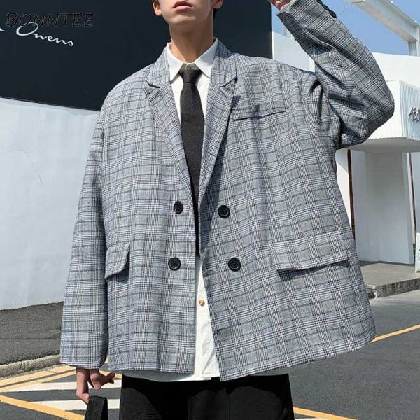 

blazers men spring double breasted plaid loose retro teens fashion leisure korean style all-match mens suits streetwear simple, White;black