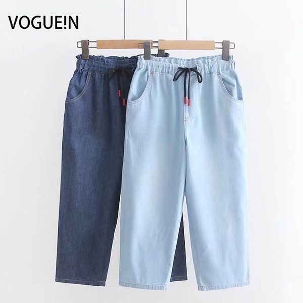 

voguein new womens tie elastic waist pockets denim jeans capri pants trousers wholesale, Blue