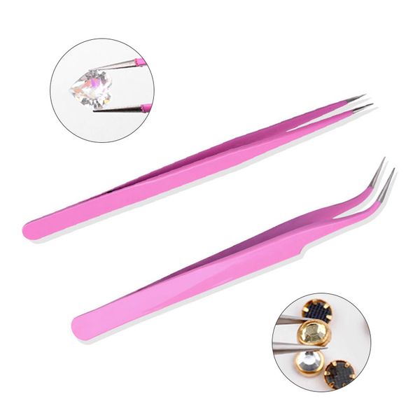 

2020 new pink anti-static curved/straight nail art tweezer clip stainless steel nipper paillette manicure picking dotting tool
