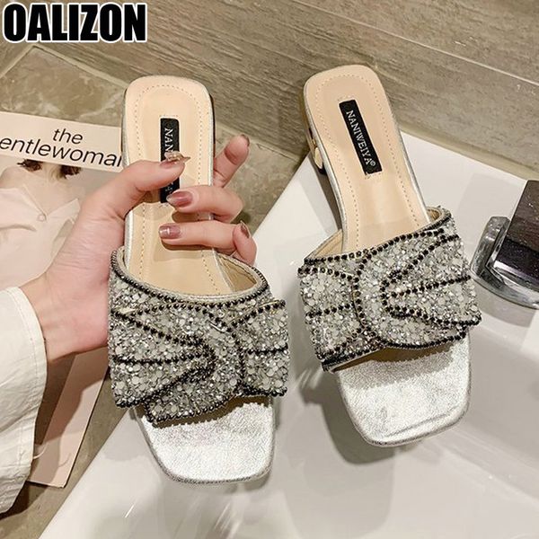 

rhinestone bowknot summer ladies women casual open toe mid chunky heels loafers woman mules loafers sequins slippers shoes r217, Black