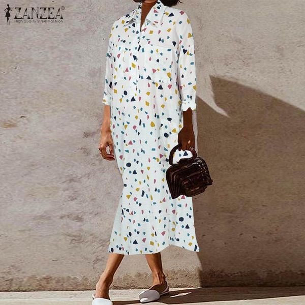 

plus size women's printed shirt dress zanzea 2020 fashion long sleeve midi sundress spring casual vestidos female button robe, Black;gray
