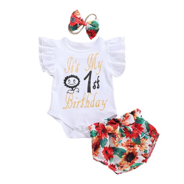 

3pcs set cute newborn baby girl birthday gift sleeve cotton bodysuit floral bow bloomers shorts headband baby clothes, White