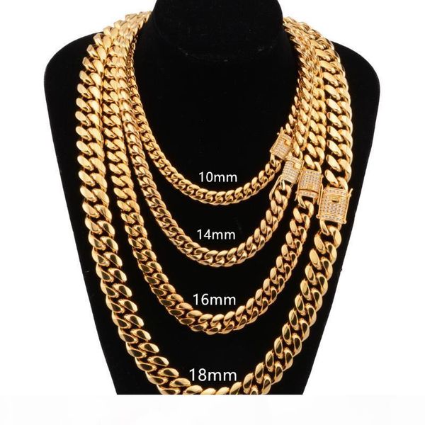 

14 16 18mm gold titanium steel cuban chain men's encryption miami chain faucet buckle micro inlaid rhinestone necklace, Silver