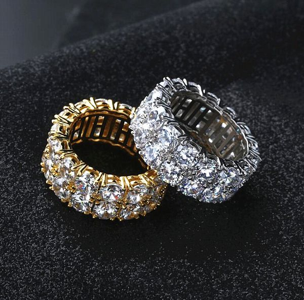 

18kgold hip-hop men's rings double rows of tiny rings with large cz stone party rings size 7-11 gift ing, Golden;silver