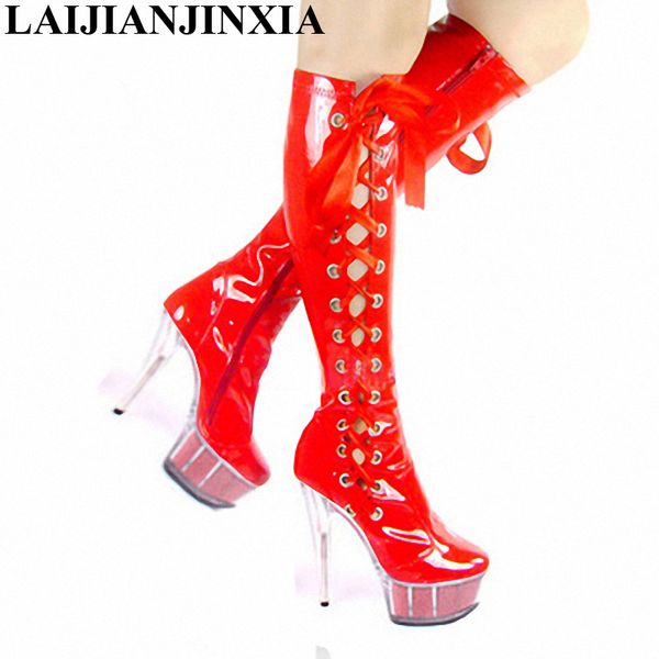 

laijianjinxia new fashion 6 inch high heel knee-high boots clear platform women's motorcycle boots 15cm pole dancing, Black