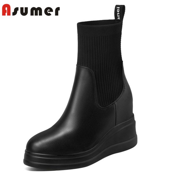 

asumer 2020 genuine leather ankle boots women autumn winter wedges platform shoes fashion casual ladies boots, Black