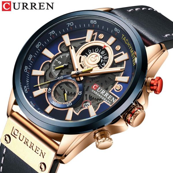 

curren sports watches watch men quartz watches leather strap sport quartz wristwatch chronograph clock male creative design dial, Slivery;brown