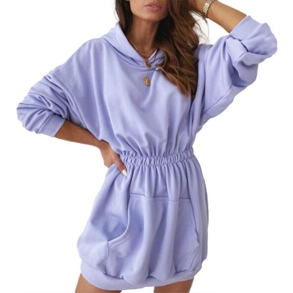 

2020 new women casual autumn solid color long sleeve sport hoodie sweatshirt pocket mini dress, Black;gray