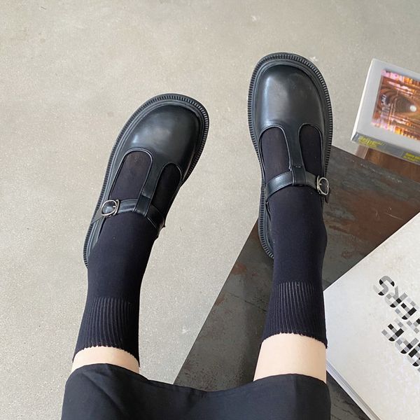 

koovan женской кожи flats обувь 2020 vintage mary jane женской обуви полых круглой прямолинейная пряжка девушка, Black