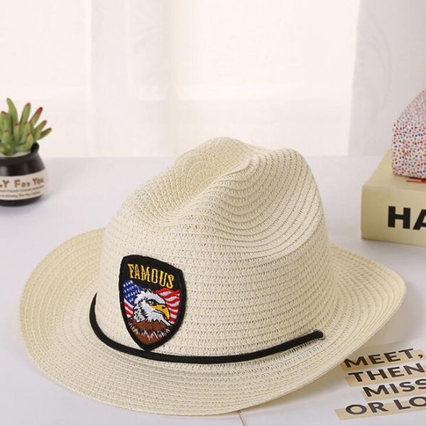 

wide brim hats cowboy hat animal jazz for kids panama cap summer solid adjustable beach straw sun caps, Blue;gray