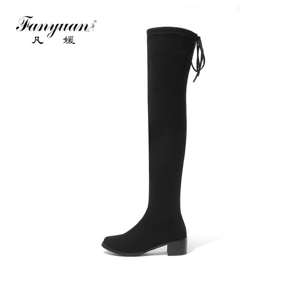 

boots fanyuan women winter fashion all match elastic fabric over the knee high shoes square mid heel size 34-43, Black
