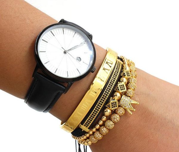 

4pcs/set classical handmade braiding bracelet gold hip hop men pave cz zircon crown roman numeral bracelet luxury jewelry002, Golden;silver