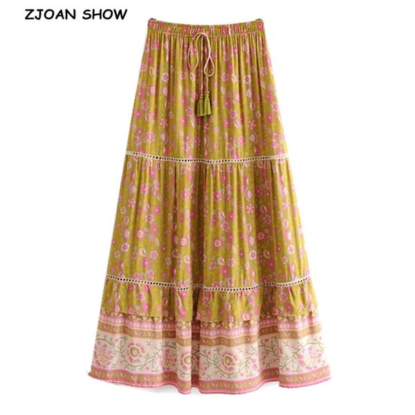 

bohemian yellow floral print long skirt boho holiday women stitching hole lace ruffles lacing up stream waist maxi long skirts, Black