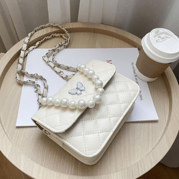 

fashion lattice pattern crossbody bag women butterfly pu leather pearl flap shoulder messenger handbags femal casual phone pouch