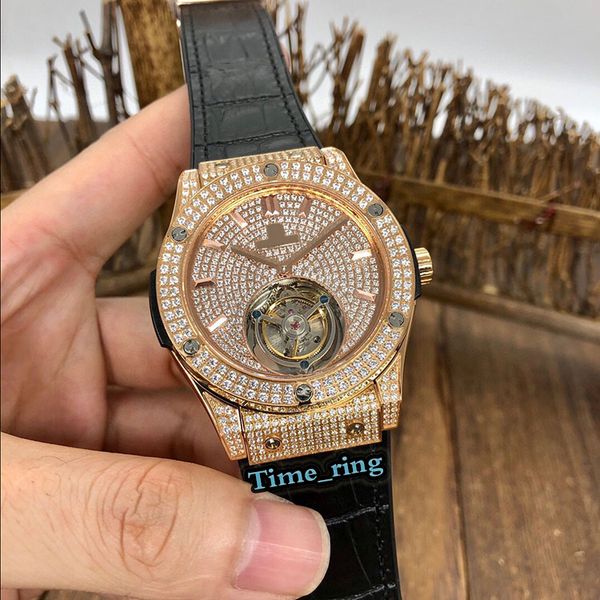 

version 345.pe.9010.lr.1704 diamond dial rose gold diamond case manually wound tourbillon movement mens watch leather strap watches, Slivery;brown