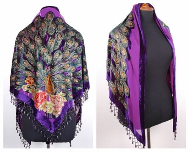 

purple chinese women's triangle velvet silk beaded embroidery shawl scarf wrap scarves peafowl ws005-d, Blue;gray