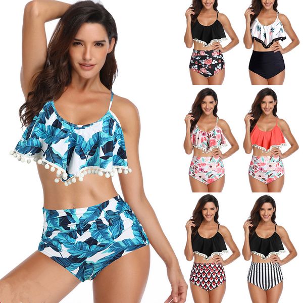 

women flower print swimwear bikinis set retro flounce high waisted bikini halter neck two piece swimsuit mma1873