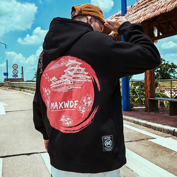 

men 2020 streetwear hip hop hoodie japanese style floral print pullover casual loose hooded sweatshirt black