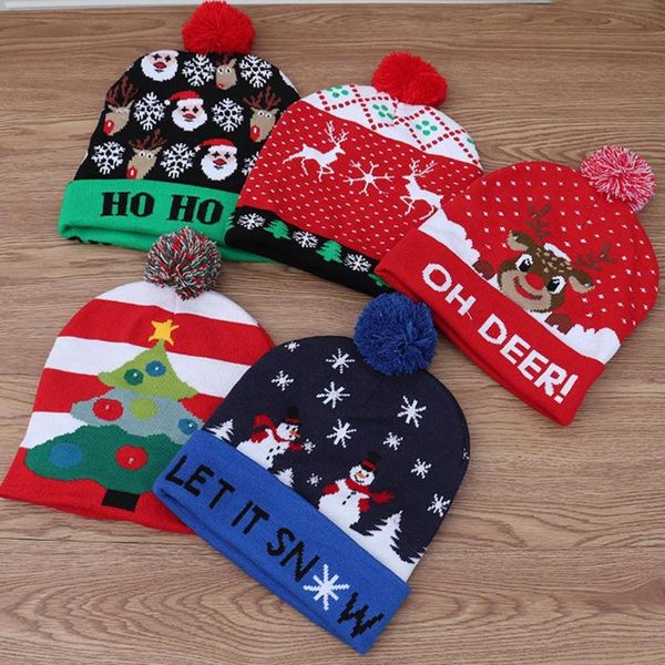 

christmas decorations fashion xmas hats soft knitted hat with led light santa snowman reindeer kids party cap decor