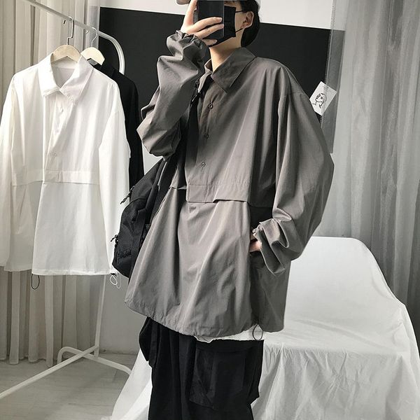 

men's casual shirts autumn korean style pullover shirt fashion solid color dress men streetwear loose long-sleeved mens, White;black