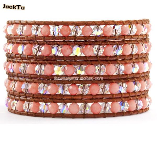 

coral ab color natural brown leather wrap bracelet, Golden;silver