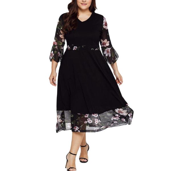 

35& women midi dresses v neck wrap chiffon floral long sleeve plus size dress vestidos de verano autumn dress women, Black;gray