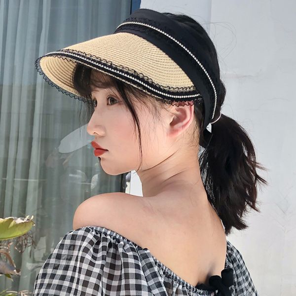 

ht3151 new lace trim straw hat women summer visor cap ladies packable wide brim beach sun hat female beach cap women visor, Blue;gray