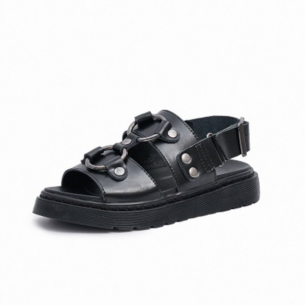 

sandals women's flat-bottomed round head wild lace-up roman shoes multi-ring buckle retro street halloween sandals women, Black