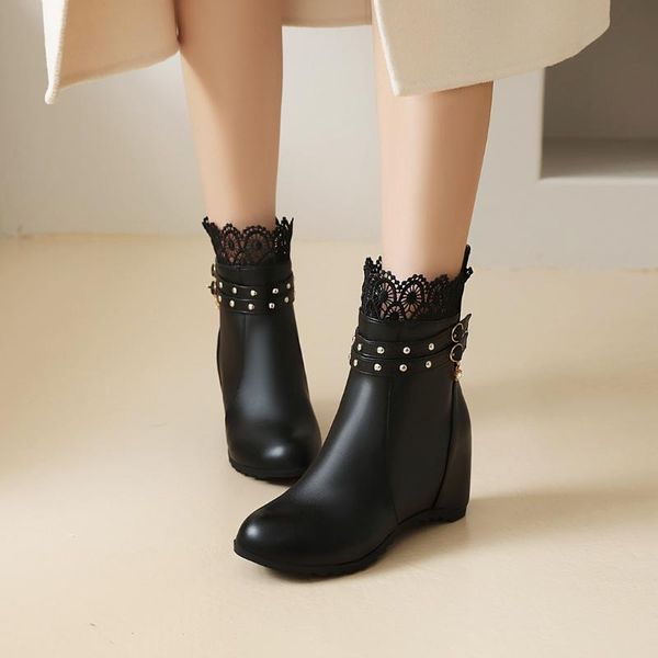 

autumn and winter new boots fashion casual round toe women shoes lace belt buckle increased female short boots, Black