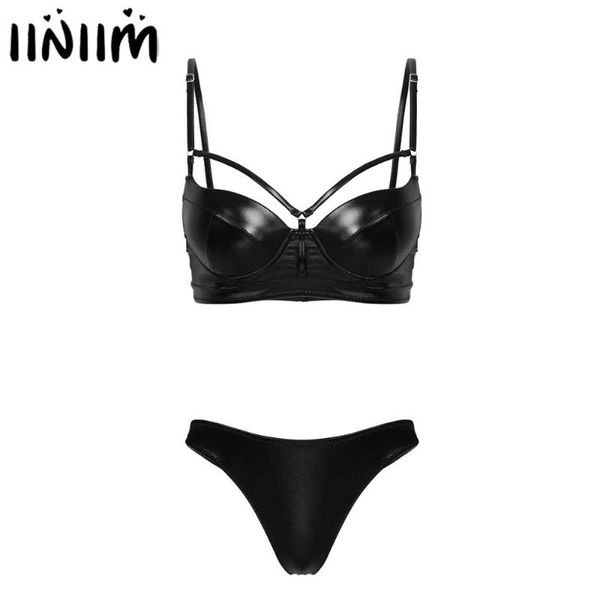 

womens latex holographic leather swimwear lingerie set push up underwired bra with high cut thong bikini for night clubwear, Red;black