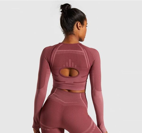 

new seamless yoga crop women long sleeve fitness t-shirt woman running sportswear with thumb holes gym workout shirts, White;red