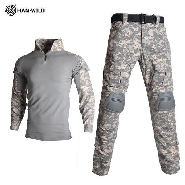 

2020 tactical suit military uniform training suit camouflage hunting shirts pants paintball clothes sets with elbow/knee pads 10 pockets, Gray;blue