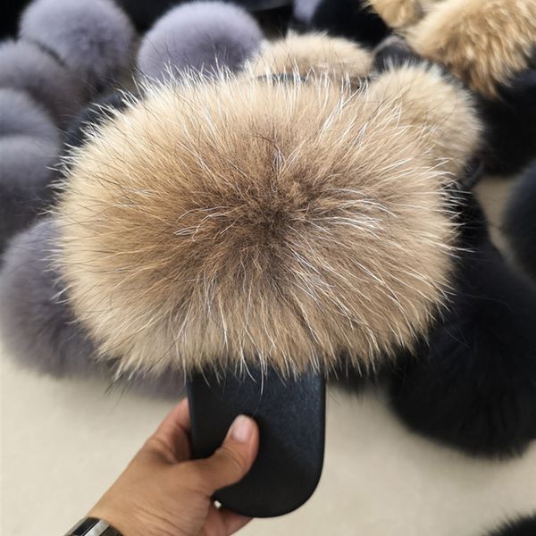 

women fur slides real fur slippers fashion flat comfort ladies shoes cute plush fluffy women sandals big size slippers, Black