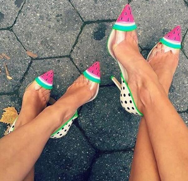 

cute polka dot watermelon print pointed toe dress pumps women pvc clear stiletto heels party wedding shoes lady slip-on shoes, Black