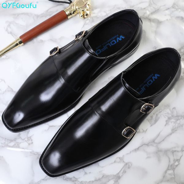 

qyfcioufu 2020 new handmade genuine leather formal shoes men luxury wedding derby shoes square toe double monk strap, Black