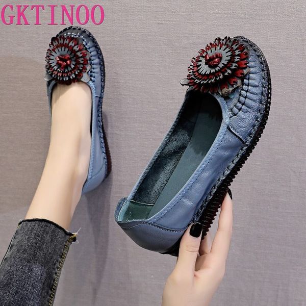 

gktinoo 2020 soft genuine leather flat shoes slip on women flats with flowers ladies shoes women designers loafers, Black